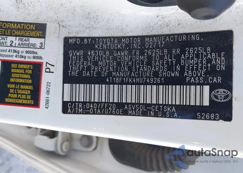 2017 Toyota Camry Se from USA, damaged, VIN 4T1BF1FK4HU749261